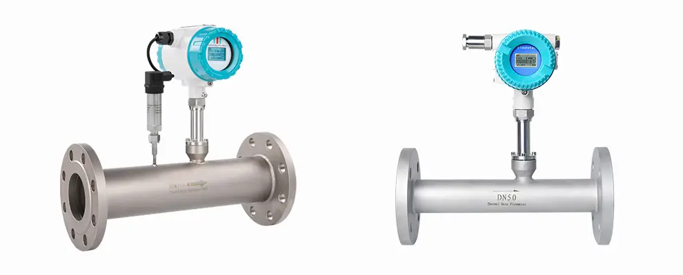 Inline thermal gas mass flow meter with flanged connection