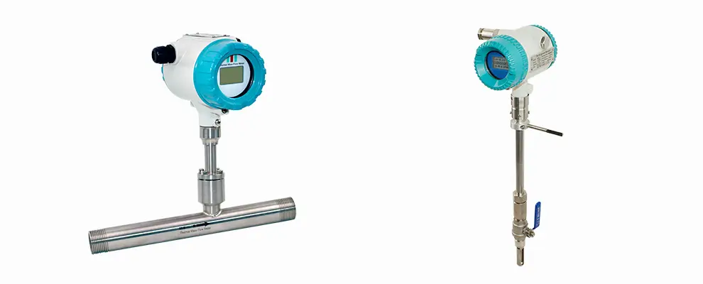 Inline and insertion thermal gas mass flow meter types for industrial gas flow metering