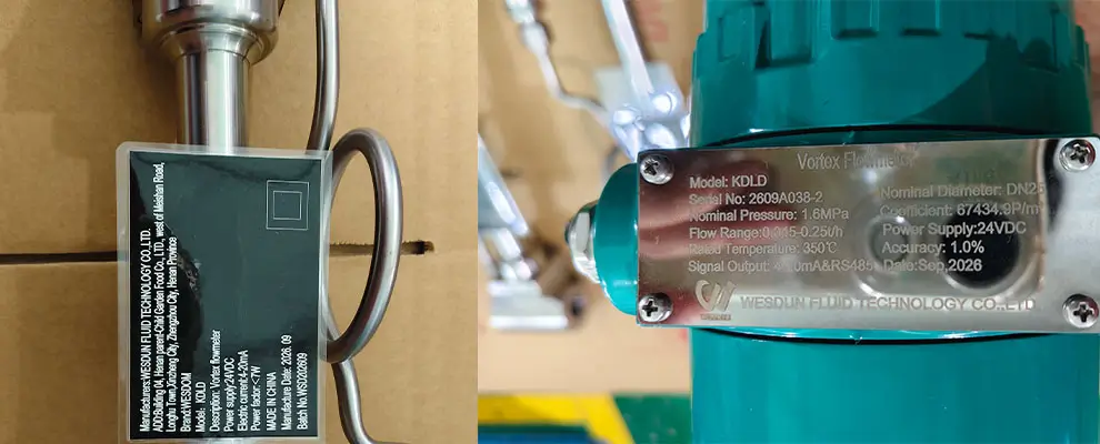 WESDUN vortex flow meter for Uganda tobacco factory, nameplate and product label