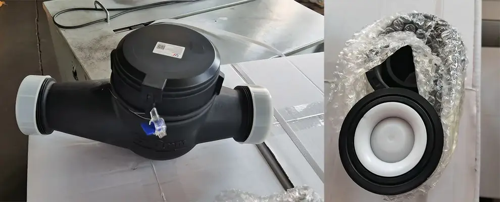 Water meters are being packed for shipment to Uganda.