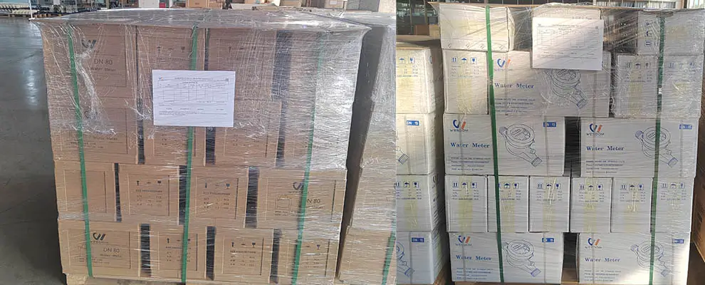 Water meters are being packed for shipment to Tanzania.